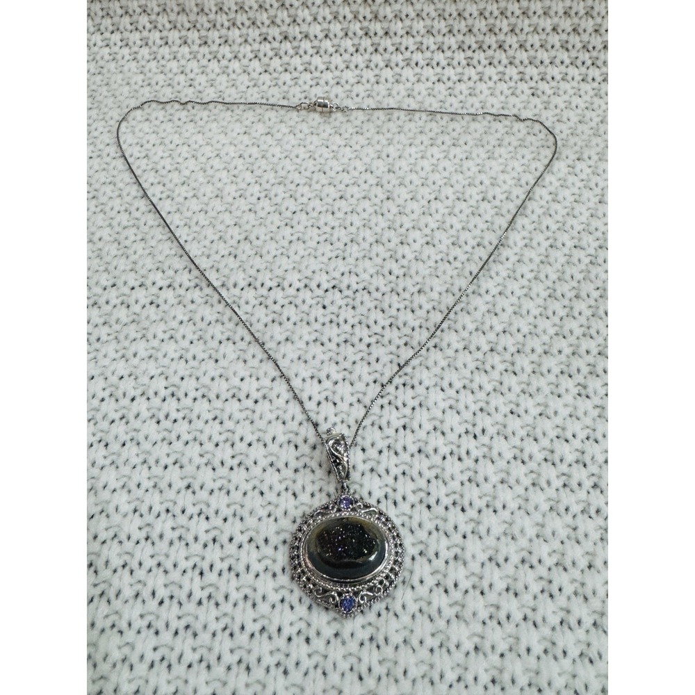 STS Karis Signed Ornate Pendant Necklace 18" Magnetic Clasp Purple Accents